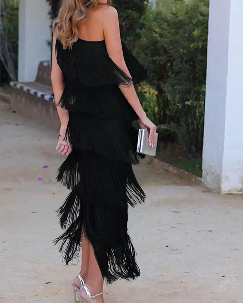 SARI - OFF SHOULDER ELEGANT FRINGE DRESS