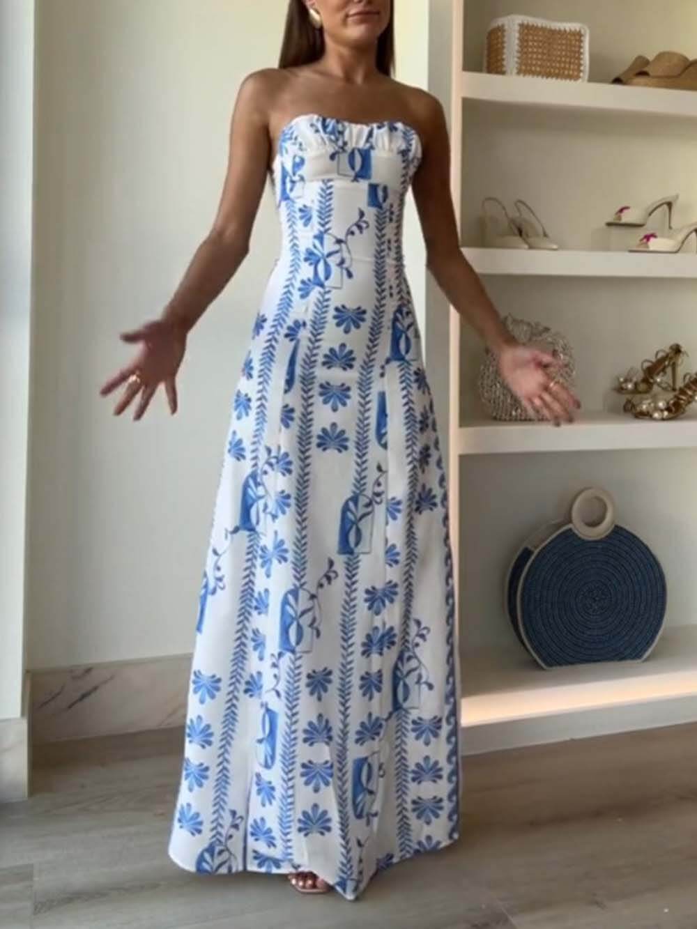 Elegant Floral Bandeau Backless Maxi Dress